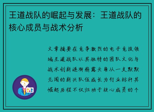 王道战队的崛起与发展：王道战队的核心成员与战术分析