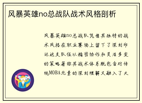 风暴英雄no总战队战术风格剖析
